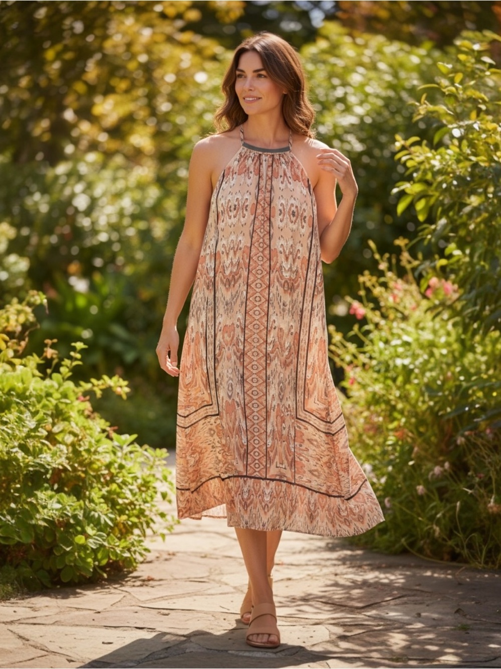 Luxology Peach and Cream Ikat Halter Dress with Metallic Accent